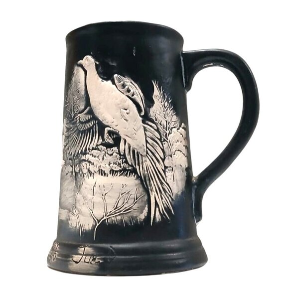 Hand Painted Coffee Mug 16 oz Black Beige Ceramic Art Rustic Scenic Duck Hunter - Picture 2 of 7